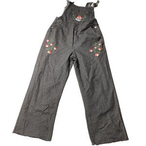 Mushroom Embroidered Black Overalls, Size Medium